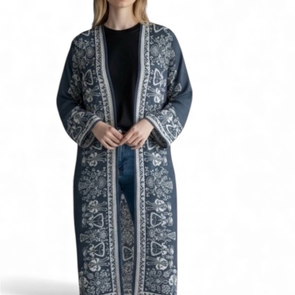 Vintage Reversible Long Cotton Robe Jacket Created With Woven Folk‎ Imagery | L